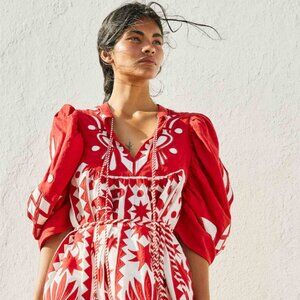 NWT Farm Rio Red Tropical Cutwork Midi Dress